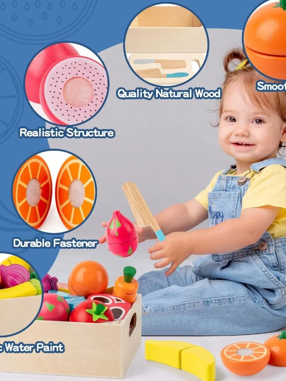 Wooden Cutting Fruits Veggies Toy, Montessori Toddler Pretend Play Set(1 Pack)